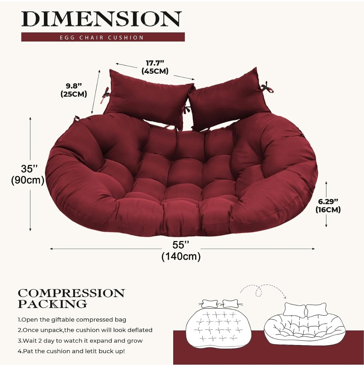 Double Egg Chair Cushion Replacement 55x35in -Thickened Non Removable Double Hanging Egg Chair Cushions, Swing Chair Cushion, Indoor/Outdoor Patio Hanging Basket Chair Cushions.(CHAIR ONLY)