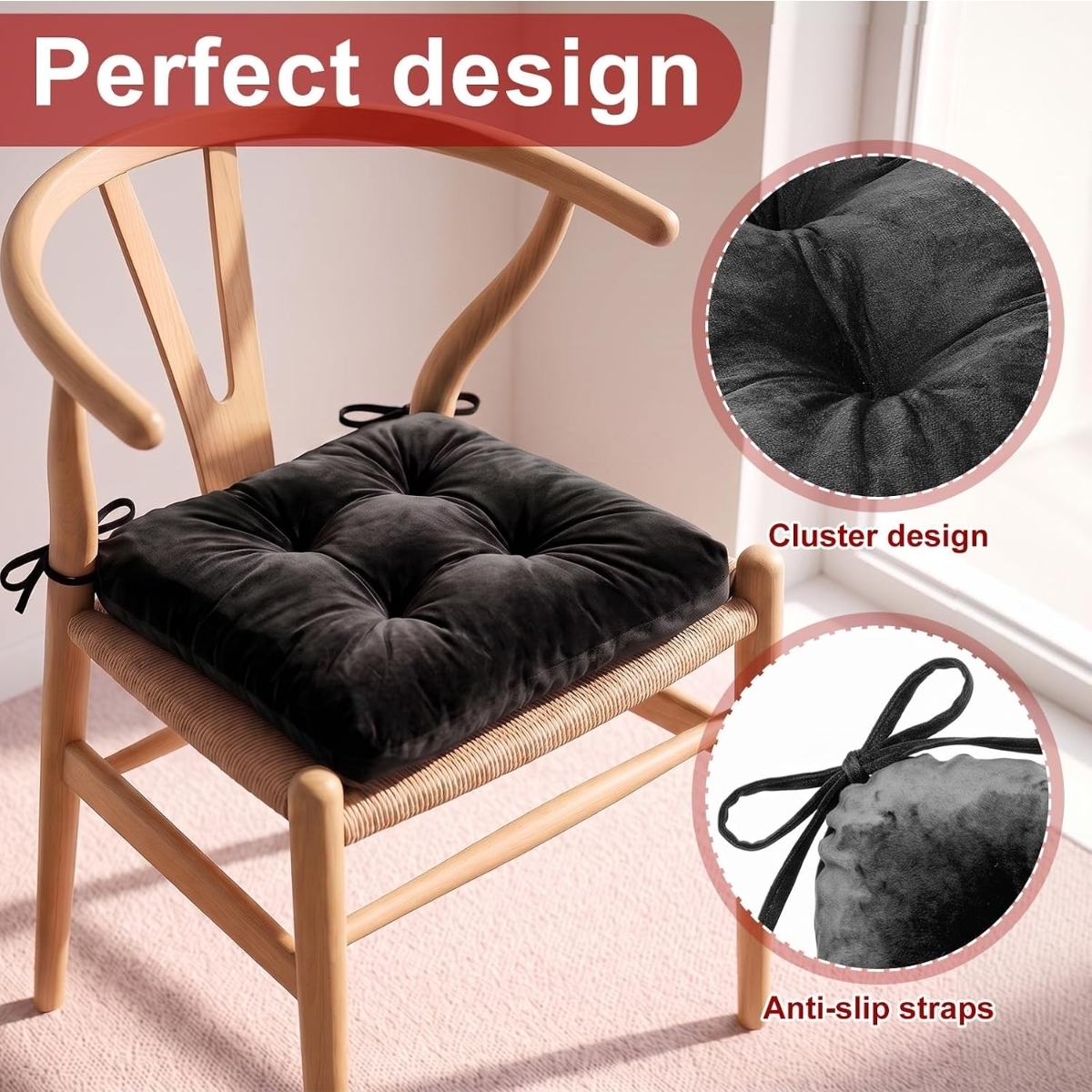 4 Pack Velvet Chair Cushions for Dining Chairs, 16" x 16" Soft Velvet Chair Pads with Ties Comfy Solid Seat Cushion Party Home Office Living Room Outdoor Indoor