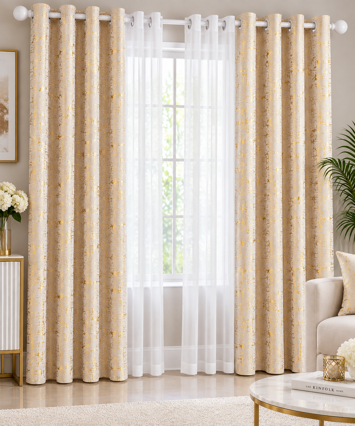 Gold Foil Printed Blackout Curtain Set – 3 Pieces