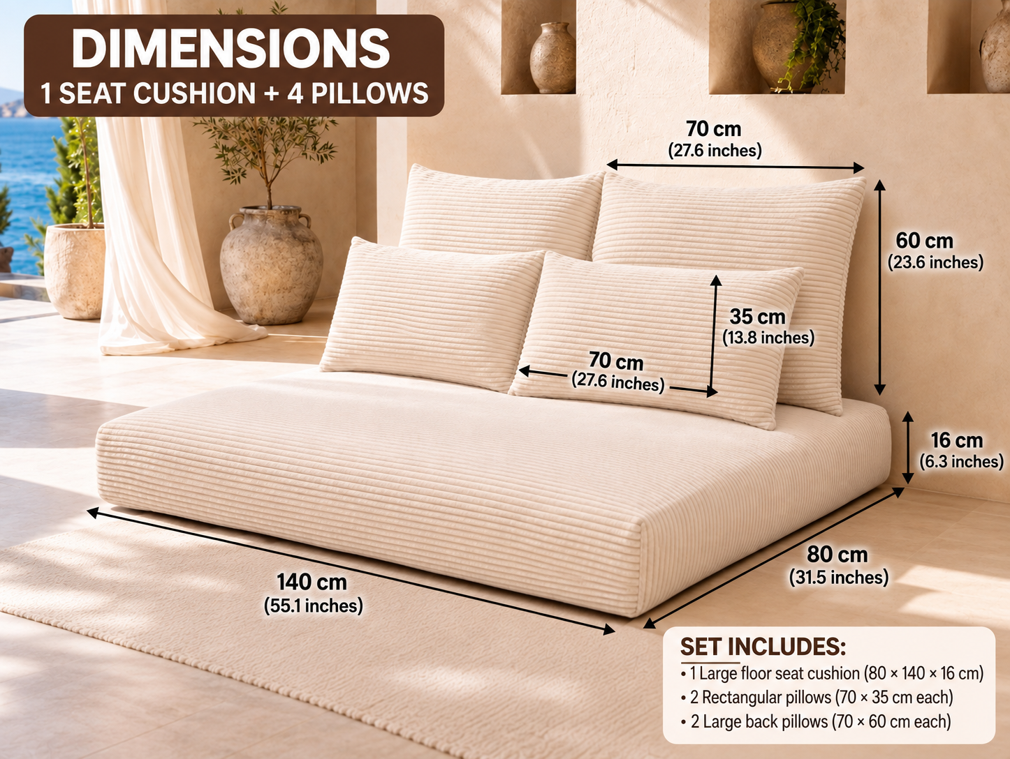 Cream Corduroy Floor Lounge Sofa – 1PC Set