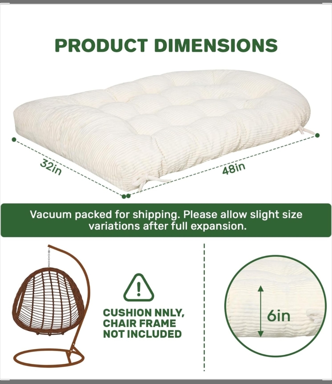 Premium 48×32" Tufted Corduroy Egg Chair Cushion – 1PC | Ultra-Plush Shredded Foam Comfort