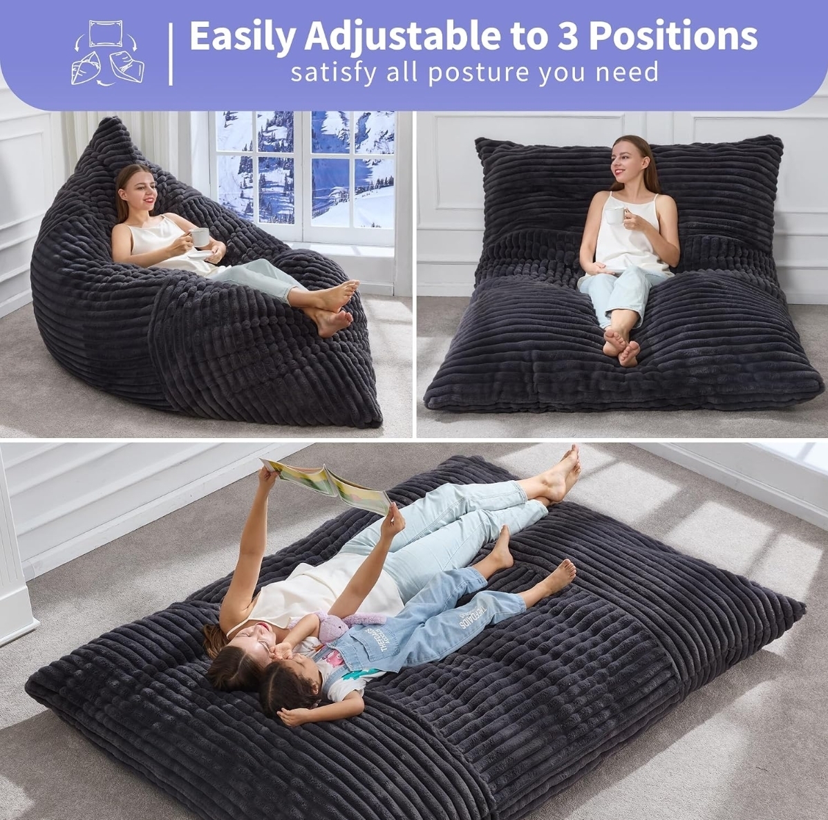 Adult Bean Bag Chair 3 in 1 Convertible Large Bean Bag Sofa
Striped Grey,Machine Washable,Removable Cover,Easy Convert And Install, Oversied Floor Bed,For Livingroom Bedroom