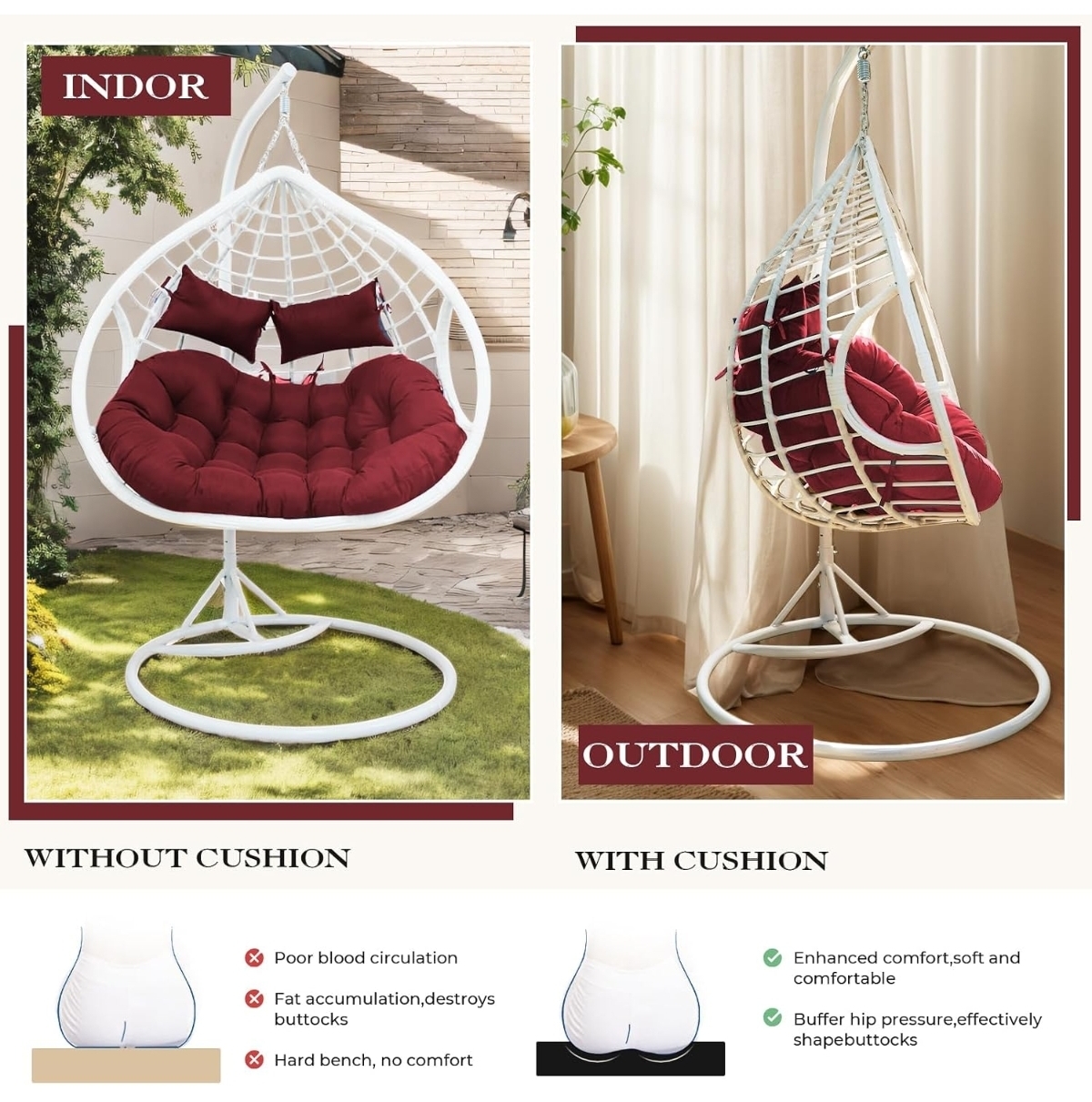 Double Egg Chair Cushion Replacement 55x35in -Thickened Non Removable Double Hanging Egg Chair Cushions, Swing Chair Cushion, Indoor/Outdoor Patio Hanging Basket Chair Cushions.(CHAIR ONLY)