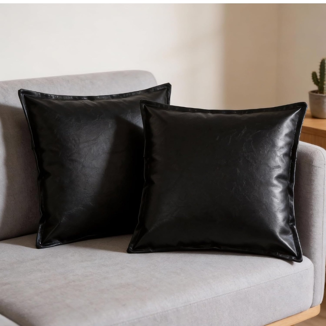 Black Faux Leather Throw Pillow Covers 18x18 Inch Vegan Leather Crackle Textured Pillowcase with Flange Edge Modern Luxury Decorative Couch Pillows for Sofa Livingroom Bedroom Home Decor
