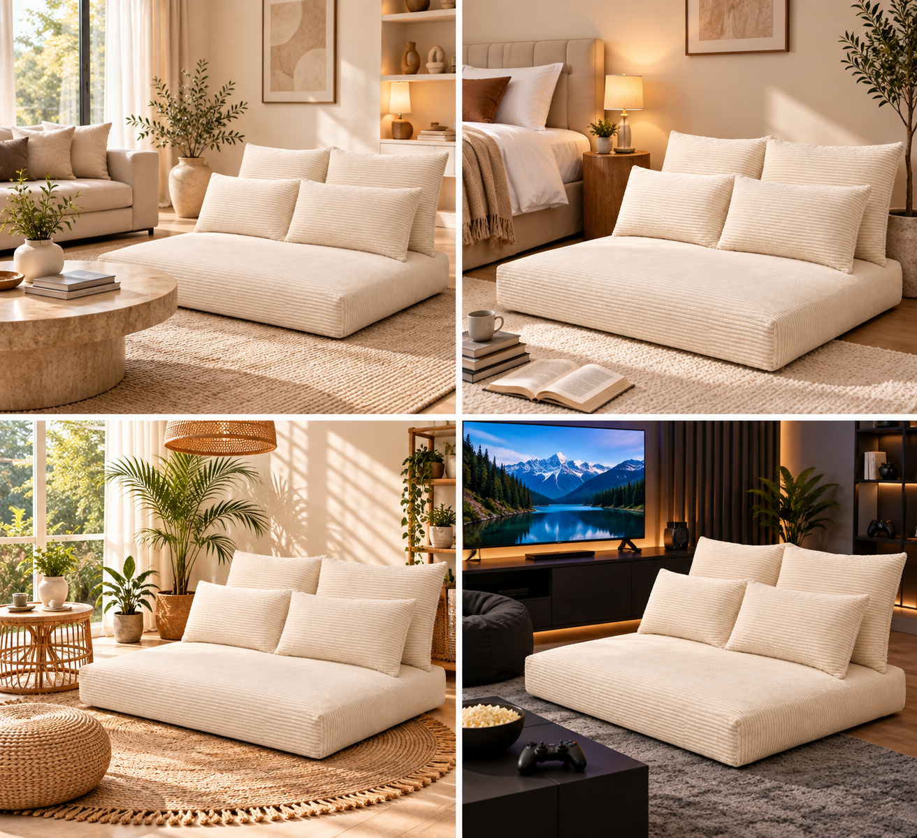 Cream Corduroy Floor Lounge Sofa – 1PC Set