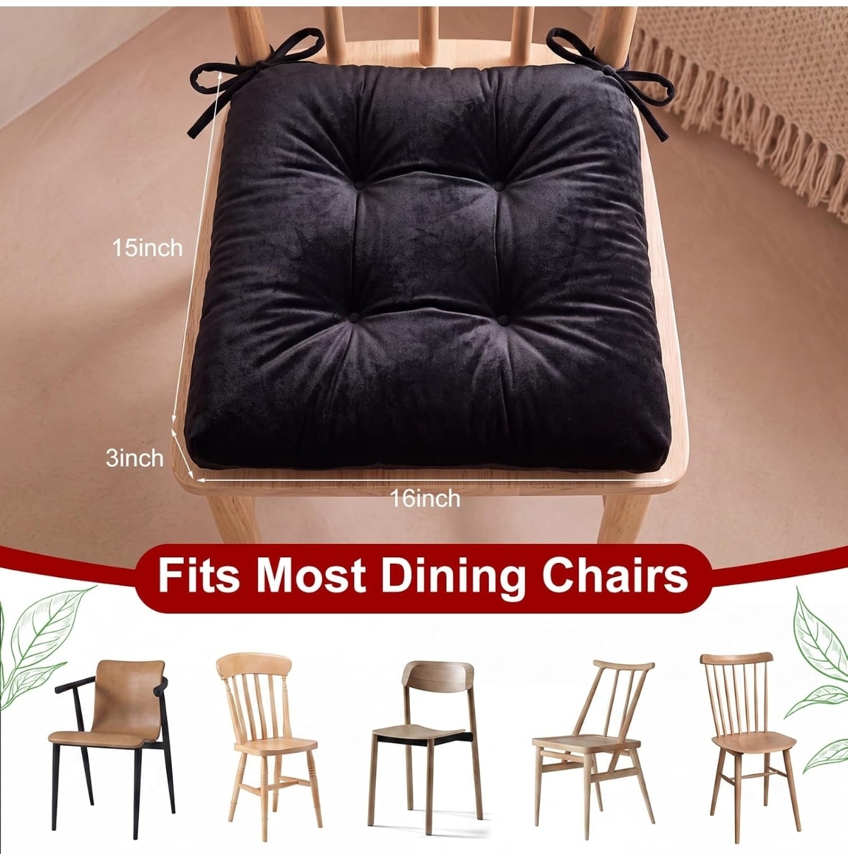 4 Pack Velvet Chair Cushions for Dining Chairs, 16" x 16" Soft Velvet Chair Pads with Ties Comfy Solid Seat Cushion Party Home Office Living Room Outdoor Indoor