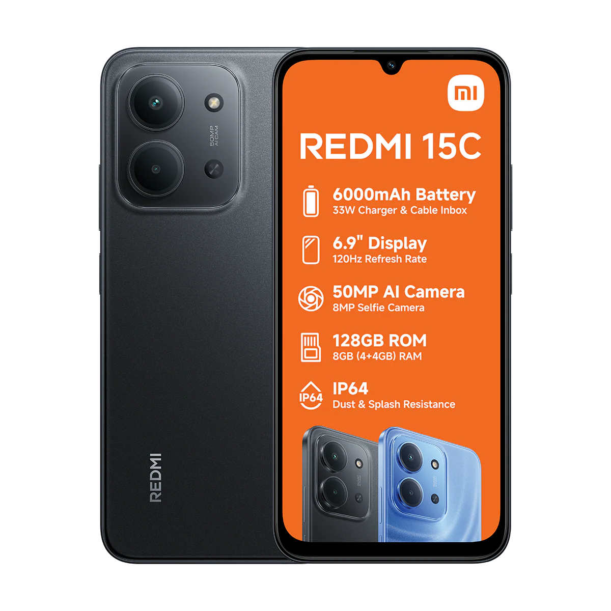 Xiaomi Redmi 15C 256GB ROM+16GB RAM(8+8 Extended)| 6000mAh Big Battery 33W Fast Charge | 6.9 Inch 120Hz Display 50MP AI Camera | Android 15 4G Dual SIM Smart Phones- Black ( 24 MONTHS WARRANTY)