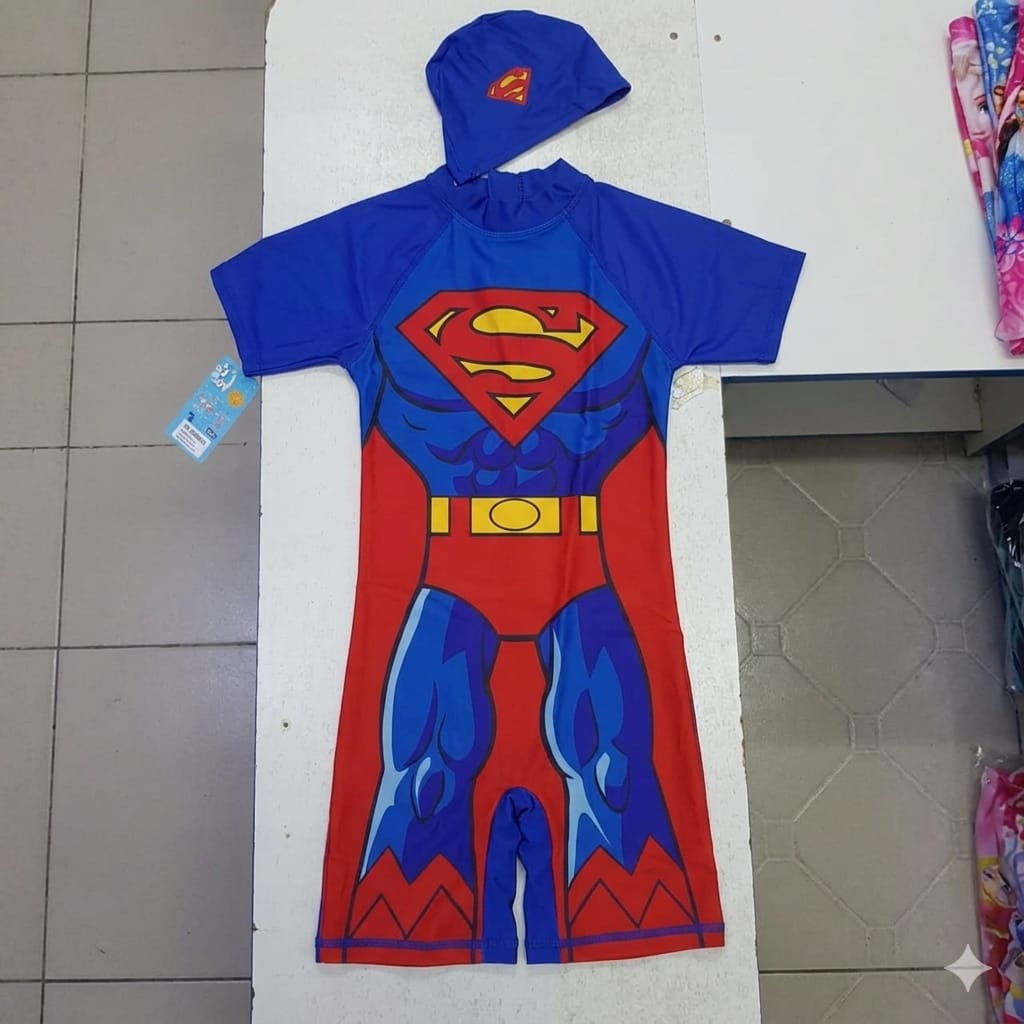 BRAND NEW Marvel Superman Boy's One-Piece Shorty Swimsuit with Matching Swim Cap Set- Suitable for kids Age 2-4yrs