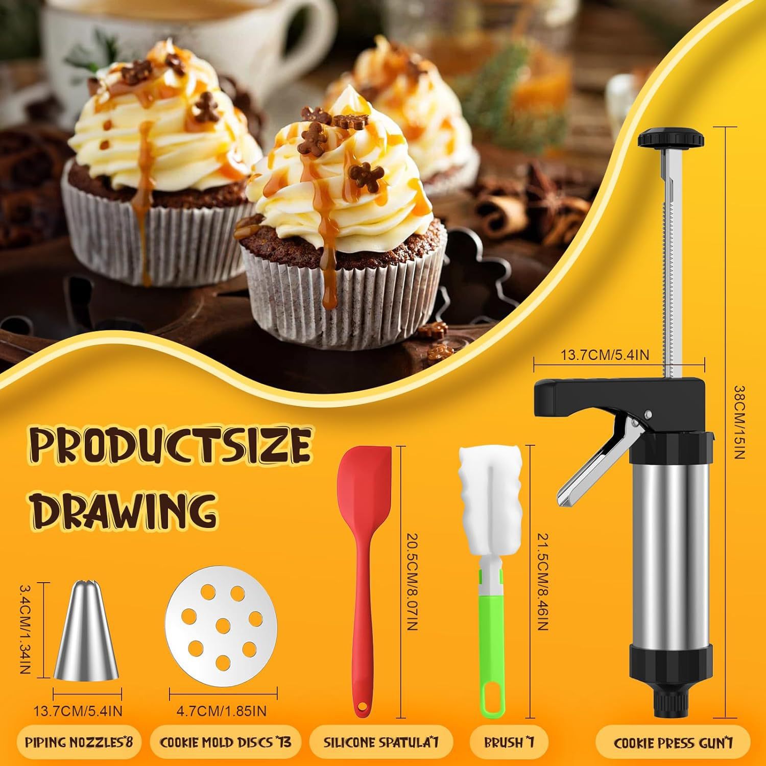 Stainless Steel Cookies Press Cookie Press Kit for with 8 Piping Tips and 13 Discs for DIY Maker and Decorating Baking Supplies Cake Icing Decorating Set DIY Christmas Cookies and Decorating