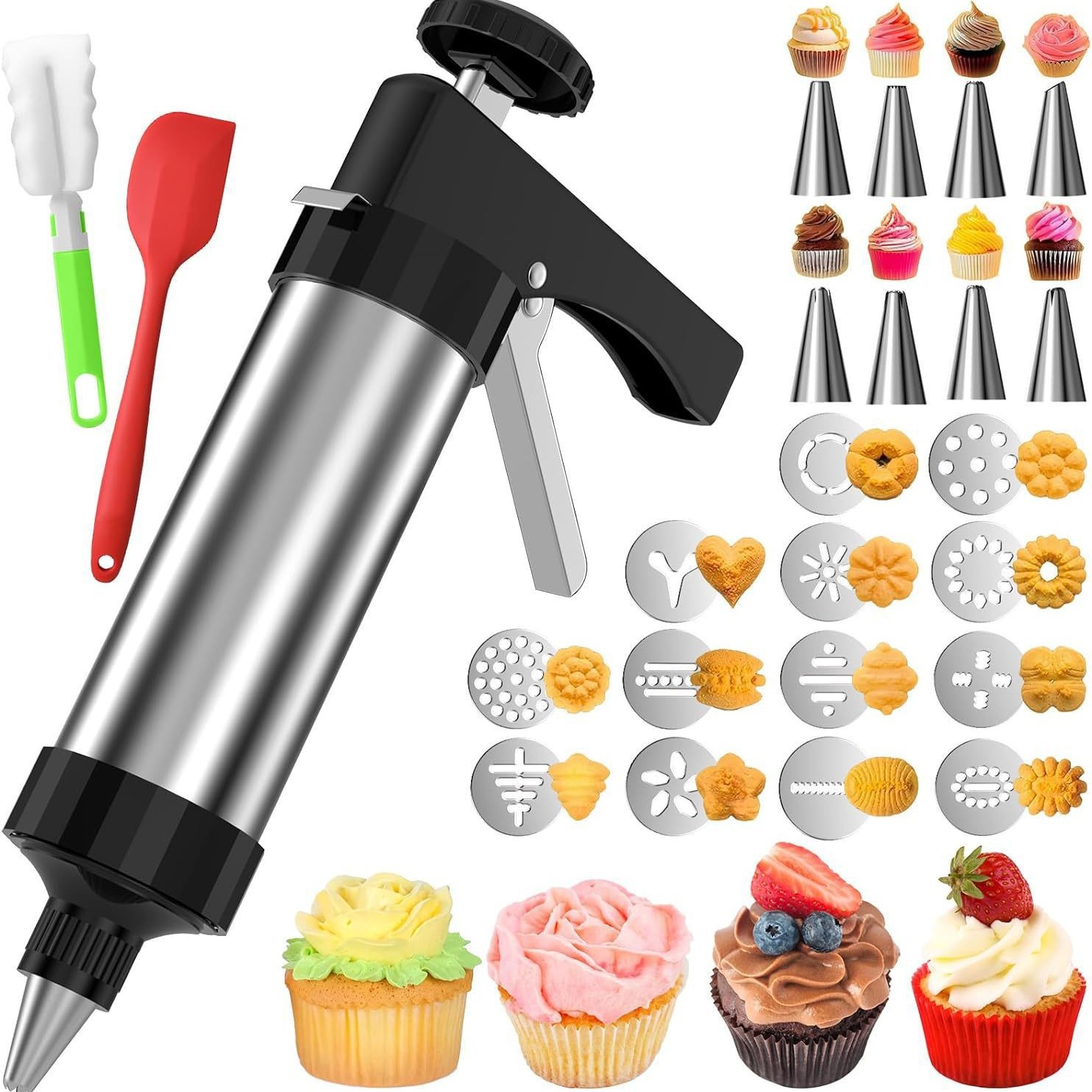 Stainless Steel Cookies Press Cookie Press Kit for with 8 Piping Tips and 13 Discs for DIY Maker and Decorating Baking Supplies Cake Icing Decorating Set DIY Christmas Cookies and Decorating