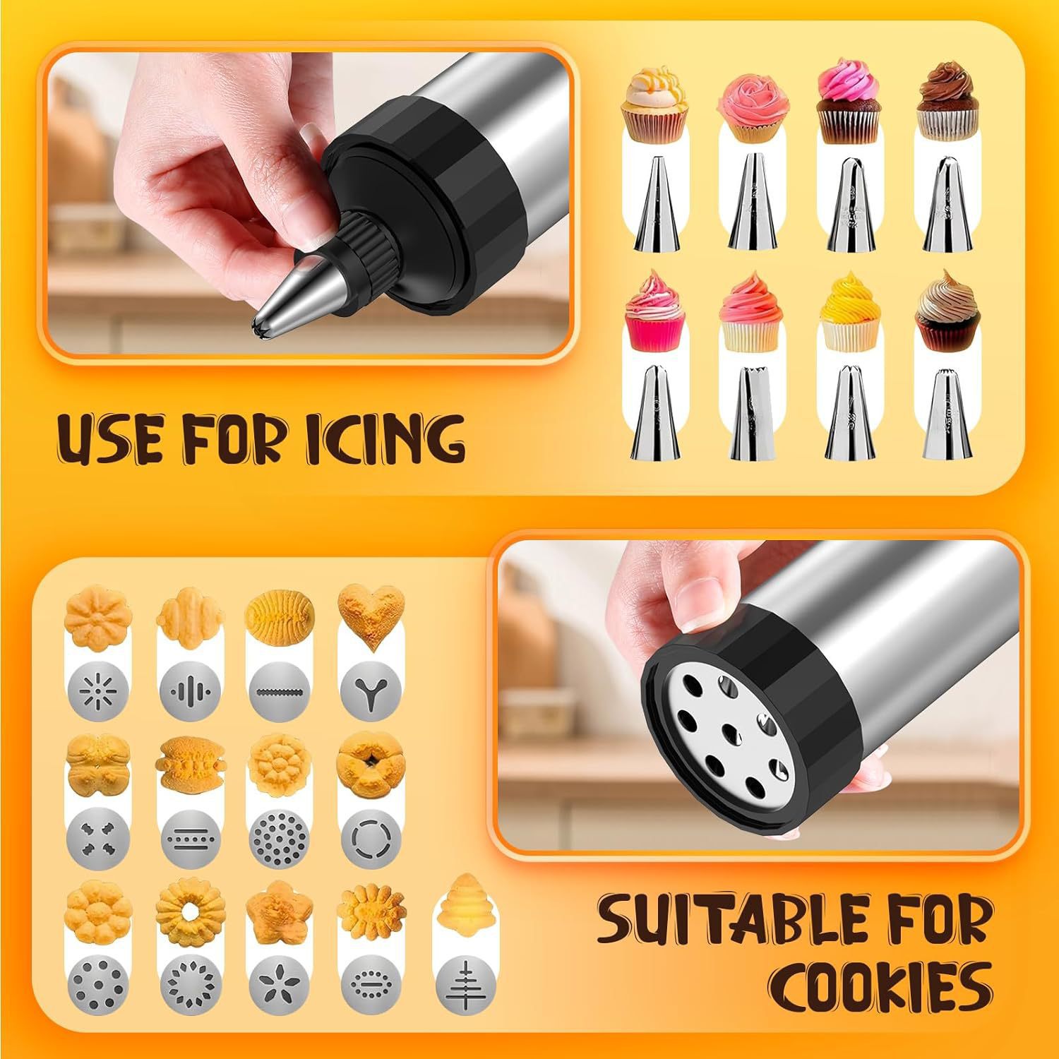 Stainless Steel Cookies Press Cookie Press Kit for with 8 Piping Tips and 13 Discs for DIY Maker and Decorating Baking Supplies Cake Icing Decorating Set DIY Christmas Cookies and Decorating