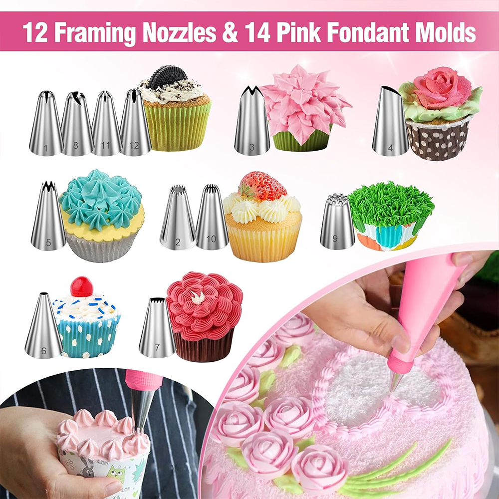 255-Piece Cake Decorating Set with Turntable Icing Tips Piping Bags Scraper Spatula Baking Tools / Seti ya Kupamba Keki, Vifaa vya Kuoka