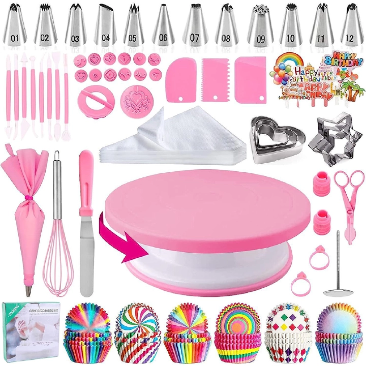 255-Piece Cake Decorating Set with Turntable Icing Tips Piping Bags Scraper Spatula Baking Tools / Seti ya Kupamba Keki, Vifaa vya Kuoka