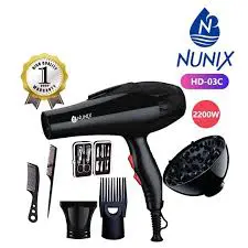 Nunix Professional 2200W–2400W Blow Dry Hair Dryer Kit with Accessories – High Power Salon Hair Dryer with 2 Speeds & Heat Settings, Diffuser, Dual Combs, Nozzles & Nail Set for Home & Kinyozi Use