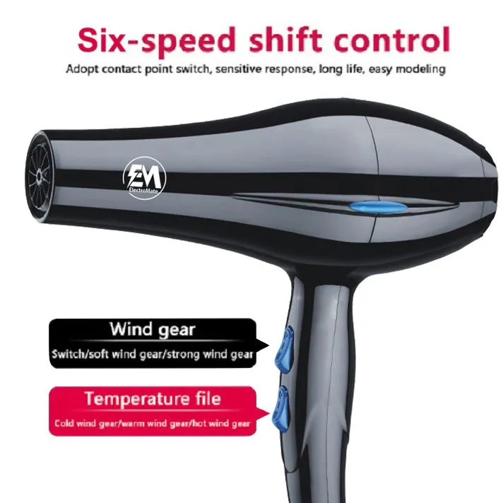 EM Blow Dryer Hair Blower 2200W professional hair dryer with 3 speed and 2 temperature settings ElectroMate HD04, includes 2 styling nozzles and 2 comb attachments for fast drying, frizz control, smoo