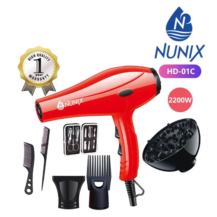 Nunix Professional Blow Dry Hair Dryer with Nail Cutter Set – Red 2200W Salon Hair Dryer Kit with Heat Control, 2 Speed Settings, Nozzle Attachments & Manicure Grooming Set for Home and Kinyozi Use