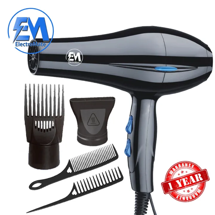 EM Blow Dryer Hair Blower 2200W professional hair dryer with 3 speed and 2 temperature settings ElectroMate HD04, includes 2 styling nozzles and 2 comb attachments for fast drying, frizz control, smoo
