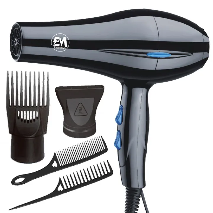 EM Blow Dryer Hair Blower 2200W professional hair dryer with 3 speed and 2 temperature settings ElectroMate HD04, includes 2 styling nozzles and 2 comb attachments for fast drying, frizz control, smoo