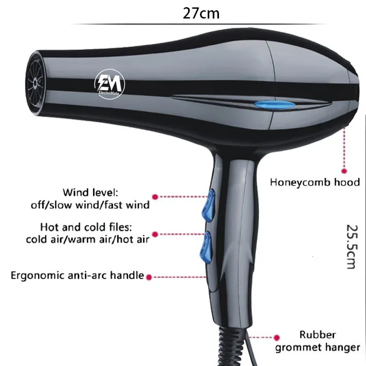 EM Blow Dryer Hair Blower 2200W professional hair dryer with 3 speed and 2 temperature settings ElectroMate HD04, includes 2 styling nozzles and 2 comb attachments for fast drying, frizz control, smoo