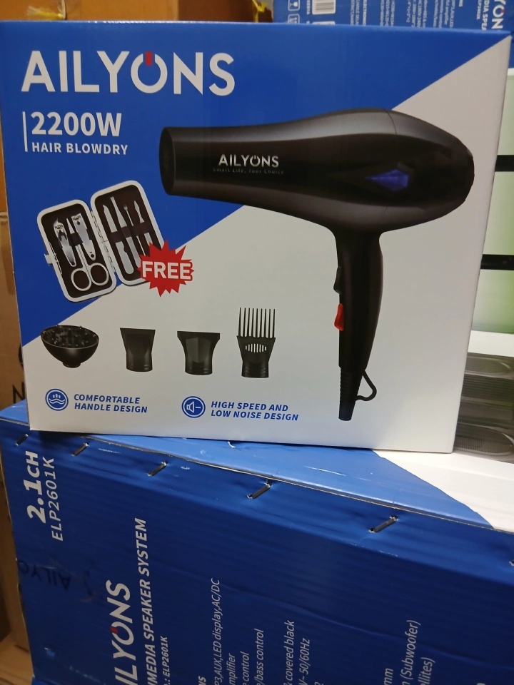 Ailyons Professional Hair Blow Dry Hair Dryer 2200W with Styling Accessories – fast drying powerful motor, 3 heat settings & 3 speed levels, includes nozzle and comb attachments for versatile salon-qu