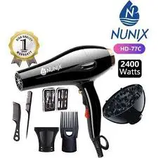 Nunix Professional 2200W–2400W Blow Dry Hair Dryer Kit with Accessories – High Power Salon Hair Dryer with 2 Speeds & Heat Settings, Diffuser, Dual Combs, Nozzles & Nail Set for Home & Kinyozi Use