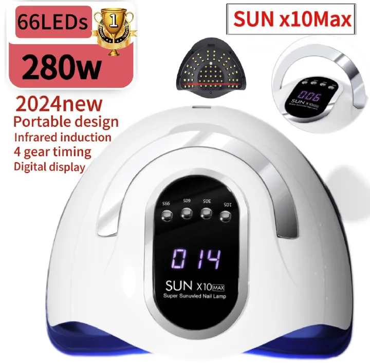 SUN X10 Max 280W UV LED Nail Lamp with 66 LED Beads, Fast Drying Gel Polish Nail Dryer, Auto Sensor Professional Manicure Light for Salon and Home Use
