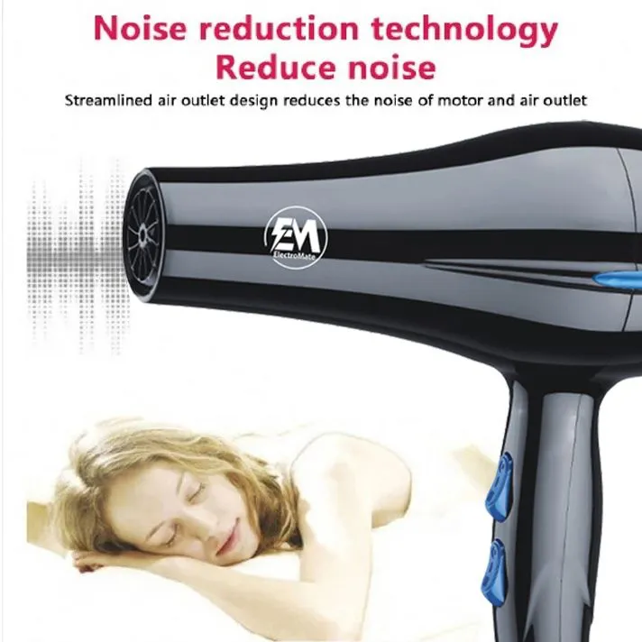 EM Blow Dryer Hair Blower 2200W professional hair dryer with 3 speed and 2 temperature settings ElectroMate HD04, includes 2 styling nozzles and 2 comb attachments for fast drying, frizz control, smoo