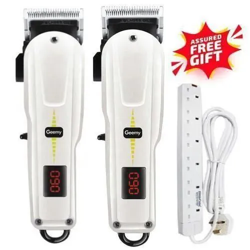 Geemy 2 Pieces Original Electric Rechargeable Cordless Shaving Machine with Indicator Kinyozi and 6 Way Power Extension for Home Travel Grooming Professional Hair Clipper Set for Men Barbers and Famil