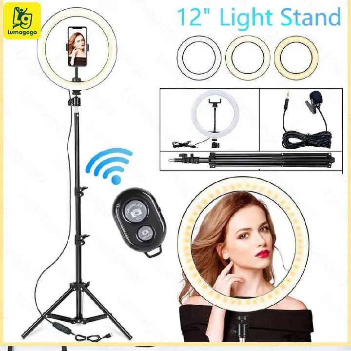 12 Inch LED Ring Light with 2.1M Tripod Stand, Dimmable Beauty Ring Light with Microphone and Remote for Selfie, Live Streaming, Makeup, YouTube, TikTok Video and Photography