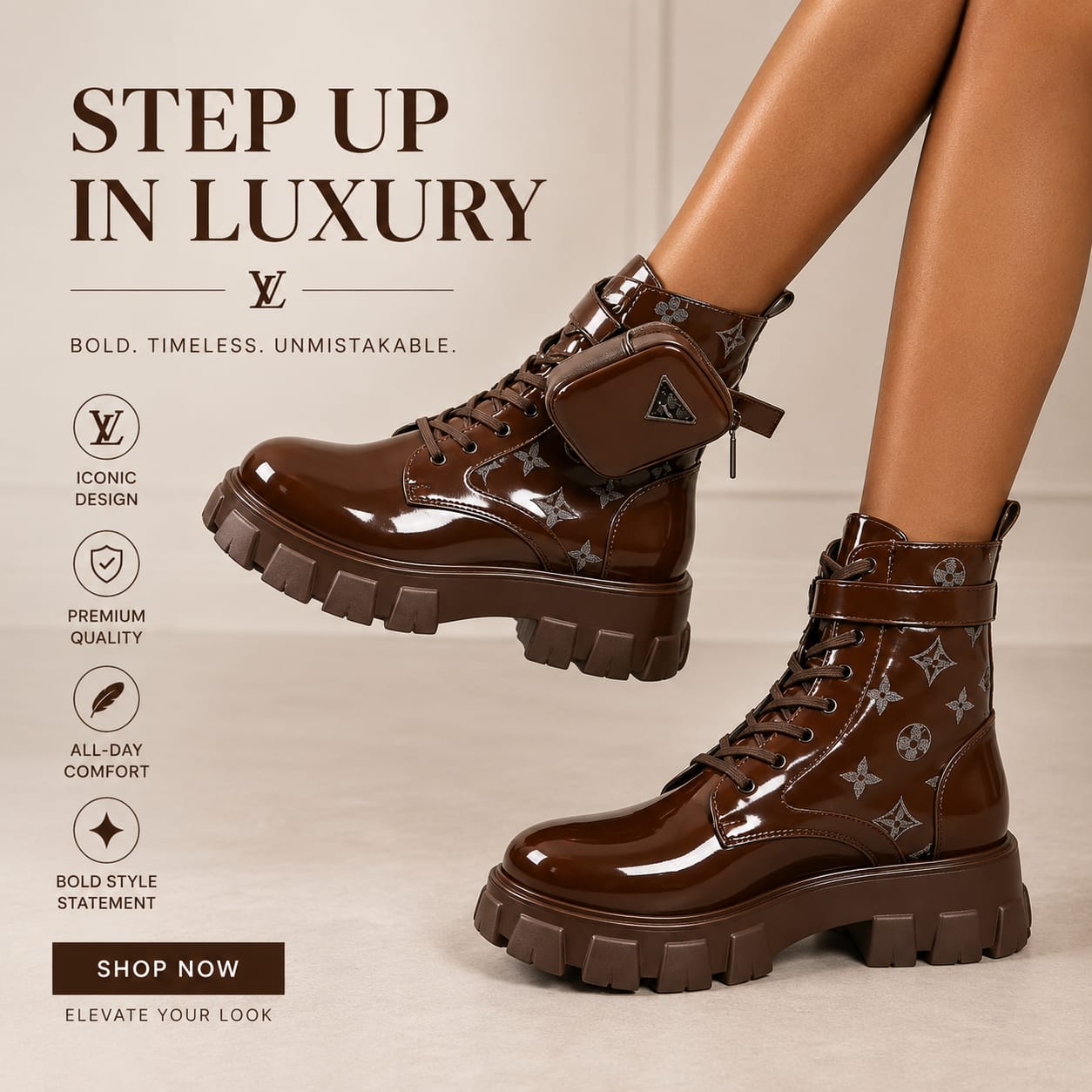 🔥 LOUIS VUITTON (LV) Prada Boots, Women's Luxury Brown Patent Combat Boots with Side Pocket – Chunky Platform Designer Ankle Boots, Fashion Lace-Up Military Boots, Trendy Streetwear Winter Footwear