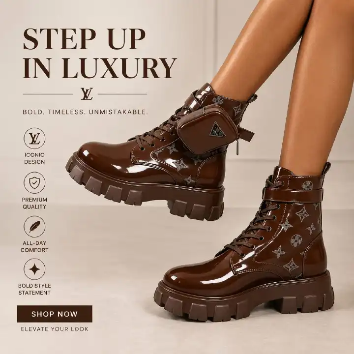 🔥 LOUIS VUITTON (LV) Prada Boots, Women's Luxury Brown Patent Combat Boots with Side Pocket – Chunky Platform Designer Ankle Boots, Fashion Lace-Up Military Boots, Trendy Streetwear Winter Footwear