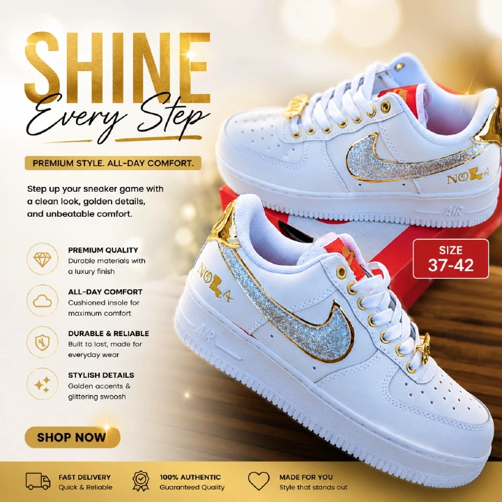 🔥(ON OFFER) 🔥 NOLA Air Force 1 White & Gold Glitter Sneakers – Luxury Women’s Fashion Sneakers, Nola Airforce 1 | Trendy Casual Streetwear Shoes | Stylish Designer-Inspired AF1 Trainers | Comfortabl