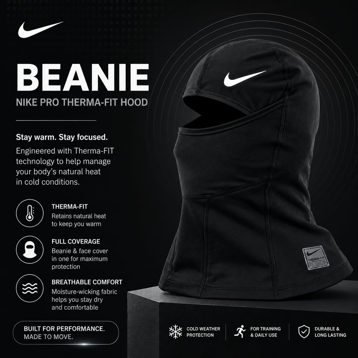🔥 Nike Pro Therma-FIT Hood Balaclava – Black Winter Face Mask Ski Mask Beanie Full Coverage Cold Weather Sports Hood (mavins, caps, head wraps, head bands)