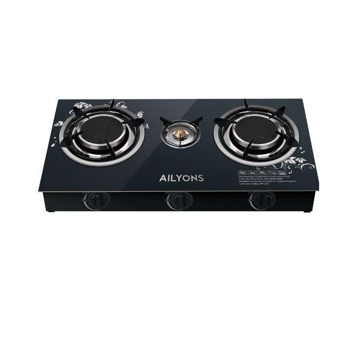 [ NEW MODEL] AILYONS GS006, 3Burner - Glass Top Infrared Gas Cooker+6KG REGULATOR+PIPE(1YR WARRANTY)