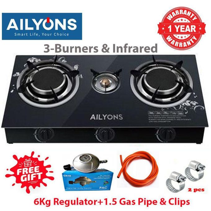 [ NEW MODEL] AILYONS GS006, 3Burner - Glass Top Infrared Gas Cooker+6KG REGULATOR+PIPE(1YR WARRANTY)