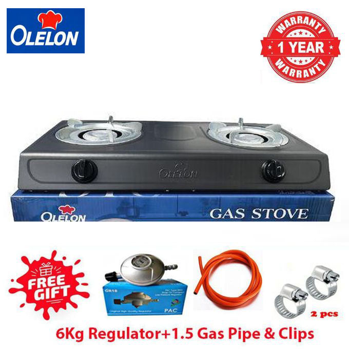[CLEARANCE SALE!!] OLELON Double Burner, Auto Ignition Stainless Steel Gas Cooker +6Kg Regulator +Gas Pipe+Clips