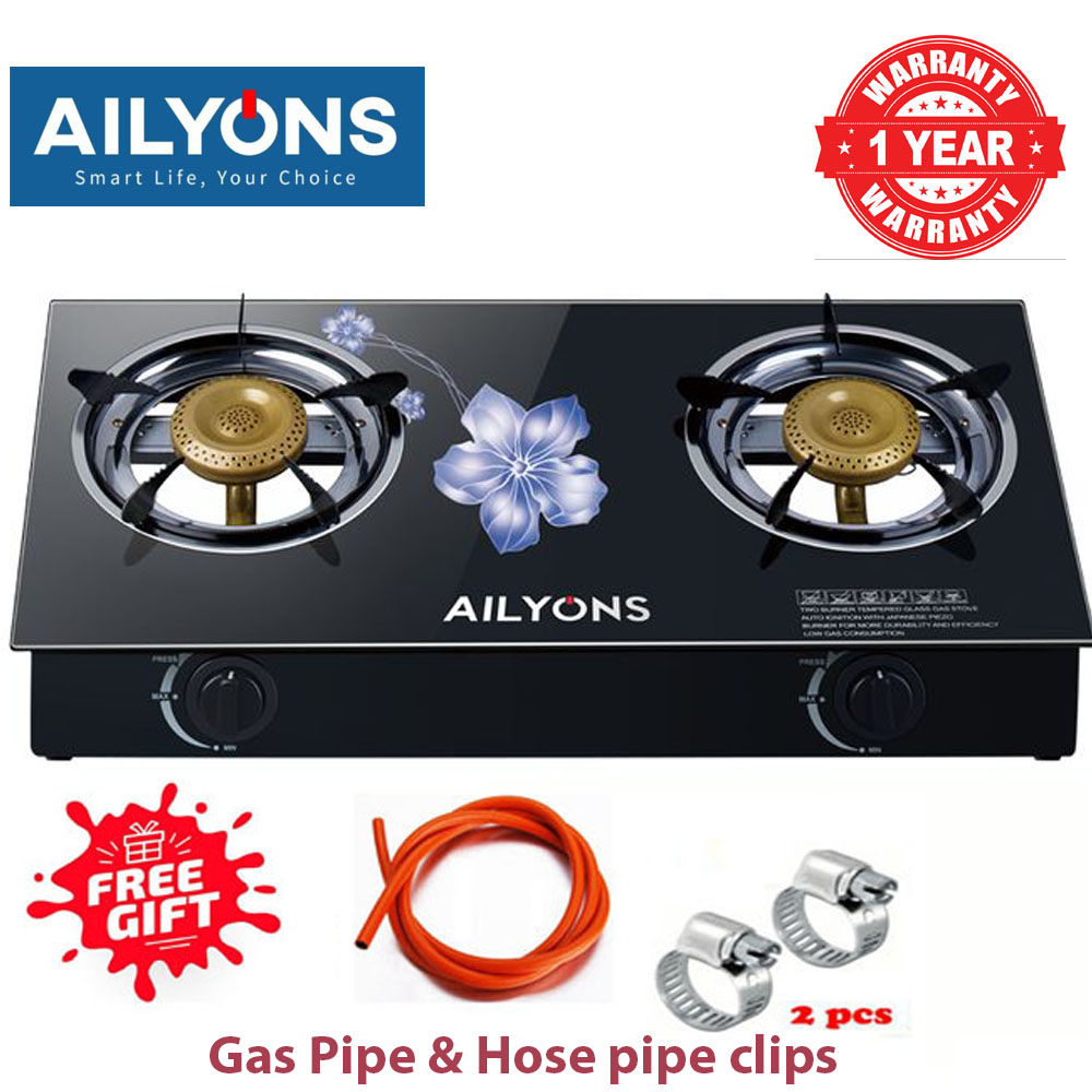 [ NEW MODEL ] AILYONS GS014, 2 Burners - Glass Top Gas Cooker(1yr wrty)