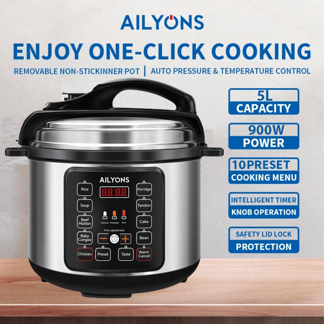 AILYONS 5L Automatic Electric Pressure Cooker 900W Silver (1YEAR WARRANTY)