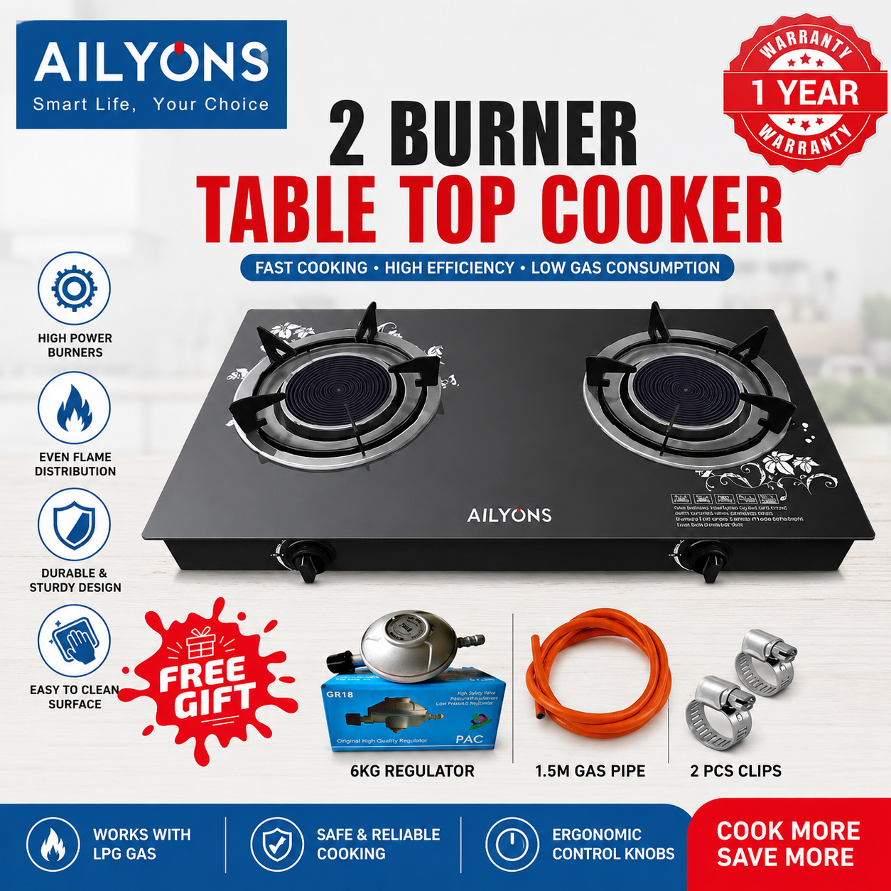 AILYONS Cooker with Auto ignition 2 Burner Infrared Glass Table Top +FREE Gas Pipe + 6KG Regulator+Clips