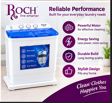 ROCH 7.5KG Twin Tub Top Load Washing Machine - White (1YR WRTY)