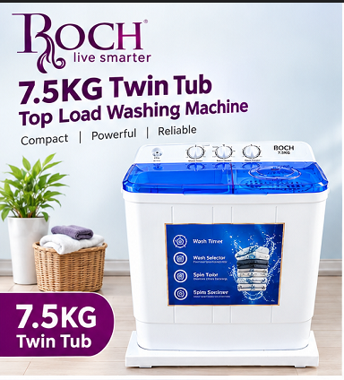 ROCH 7.5KG Twin Tub Top Load Washing Machine - White (1YR WRTY)
