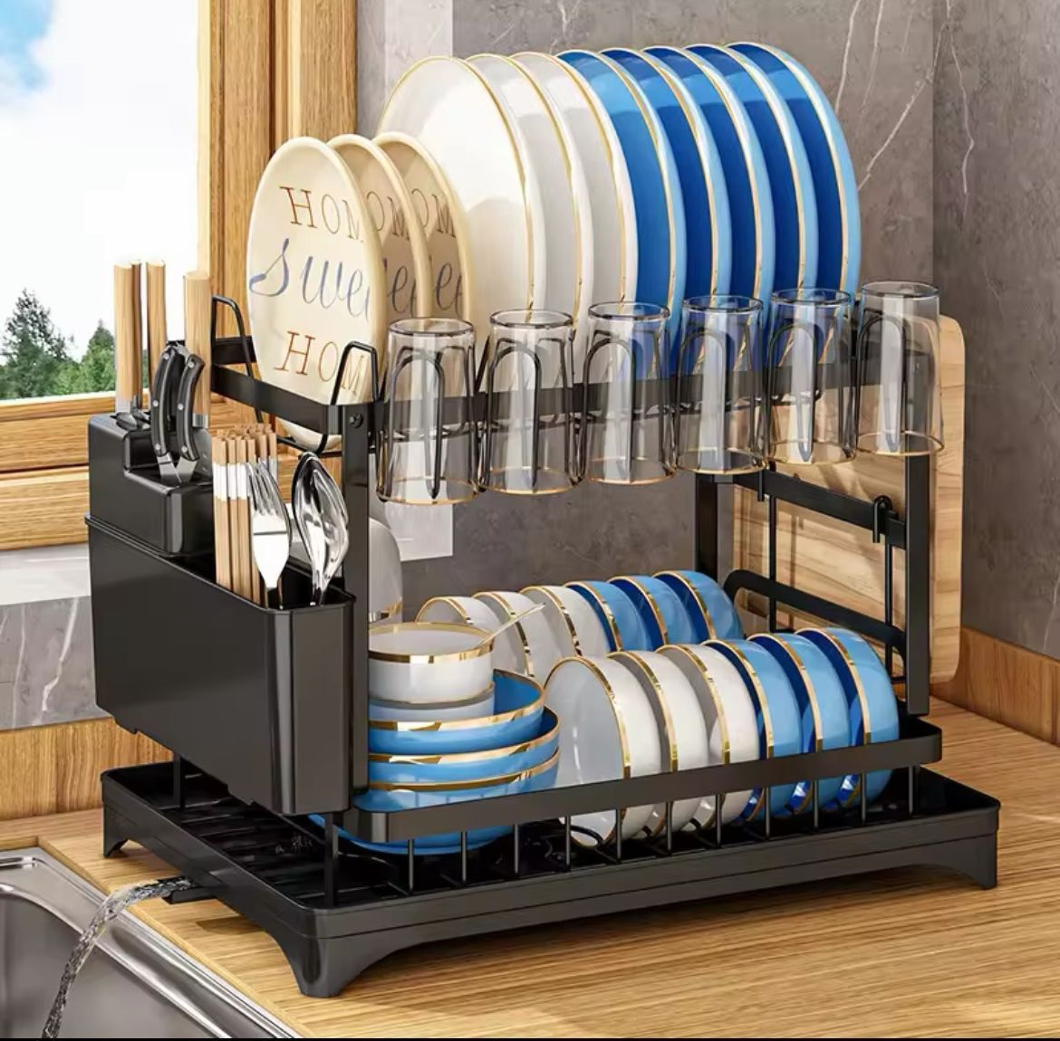 PRICE DROP✨🍂Advanced 2-Tier Black Dishrack – Large Capacity Dish Drainer with Cup Holder & Utensil Rack🥀offers ample space for plates, bowls, cups, and utensils, while maintaining a compact footprin
