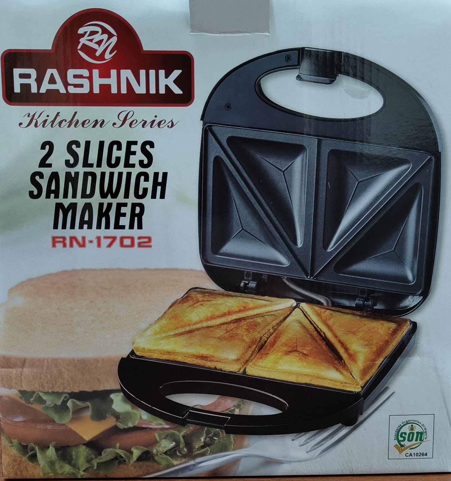 NEW INN🥳🥳Rashnik 2 Slices Sandwich Maker for Home Use/ Office Use💦Elevate your sandwich-making experience with the sleek and stylish 2 Slices Sandwich Maker in a modern black finish. Designed to si