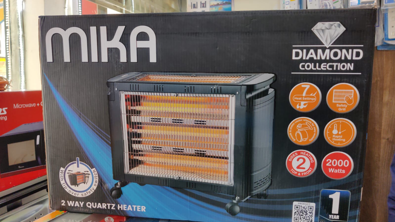 ‼️‼️Mika Top and Front Quartz Heater, 2 WAY HEATING TOP & FRONT QUARTZ ROOM HEATER 2000W ✔️✔️Tip-over safety switch - switches off the heater once it falls or tips over
Smooth & stable castors for eas