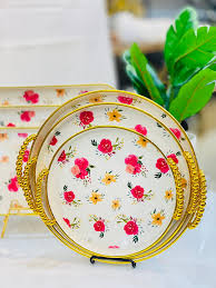 3Pc Plastic Printed Serving Tray Set, Lightweight Durable Food Serving Trays for Tea, Snacks, Meals and Drinks, Easy-Clean Decorative Kitchen Dining Trays for Home, Restaurant and Events
