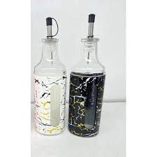 300ml Oil and Vinegar Bottle with Stainless Steel Pour Spout, Glass Oil Dispenser with Marble Pattern Sleeve and Leak-Proof Seal for Cooking Oil, Vinegar, Sauces and Dressings