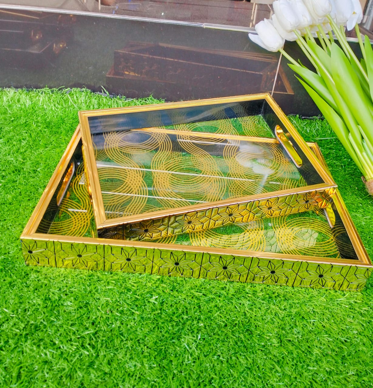 2Pc Acrylic Serving Tray Set, Stylish Transparent Food and Drink Serving Trays for Tea, Coffee, Snacks and Meals, Durable Lightweight Easy-Clean Kitchen Dining Trays for Home, Office and Events