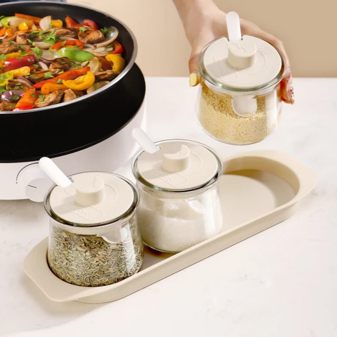 3Pcs Heavy Borosilicate Glass Canister Seasoning Set, Moisture Resistant Spice Storage Jars for Masala, Salt, Sugar and Seasonings, Durable Kitchen Countertop Organizer