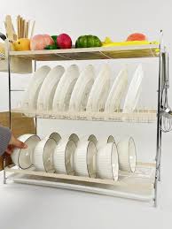 3-Tier Dish Rack Large Capacity Kitchen Dish Drying Rack with Drip Trays, Plate and Bowl Organizer, Cutlery Holder, Side Hooks for Chopping Board, Utensils and Fruits