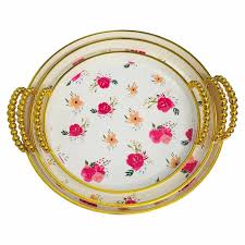 3Pc Plastic Printed Serving Tray Set, Lightweight Durable Food Serving Trays for Tea, Snacks, Meals and Drinks, Easy-Clean Decorative Kitchen Dining Trays for Home, Restaurant and Events
